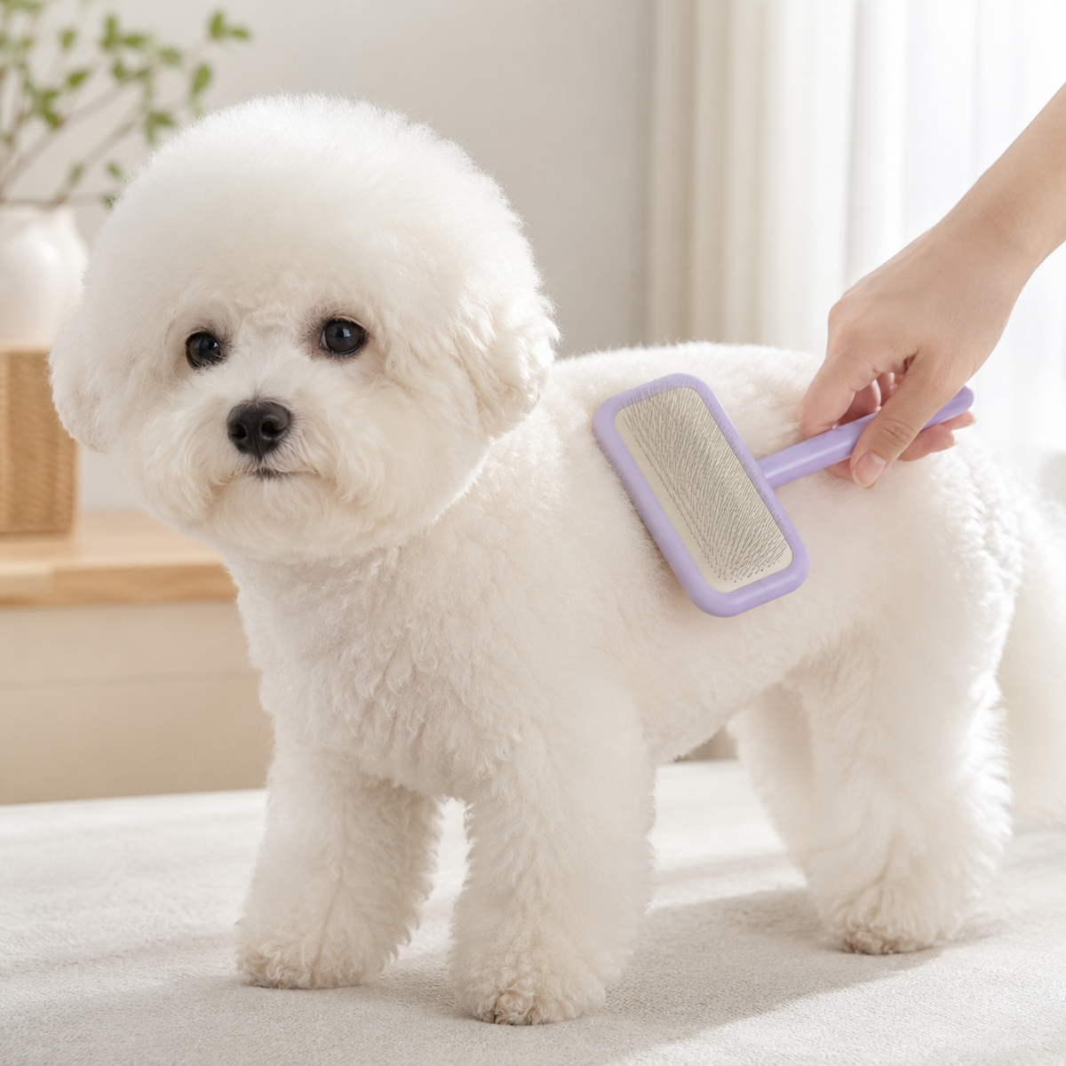 Cushioned Slicker Brush for Dogs and Cats with Flexible Pin Pad and Curved Handle