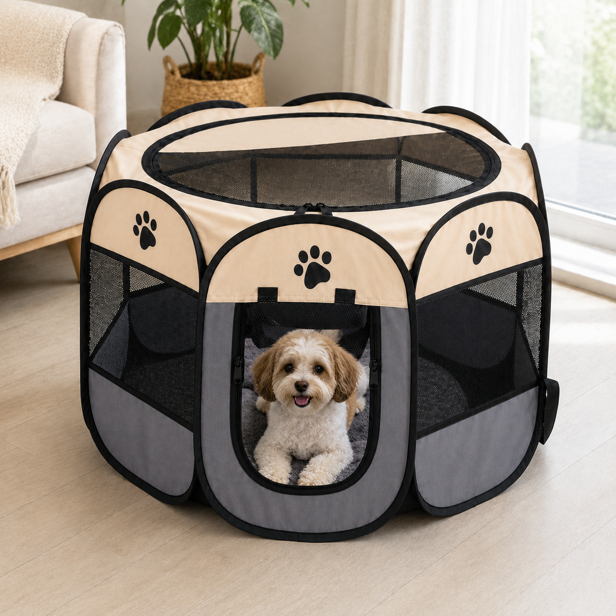 Foldable Octagonal Pet Playpen with Breathable Mesh Panels and Zippered Door for Dogs and Cats