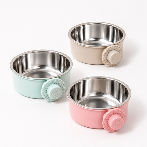 Cage-Mounted Stainless Steel Pet Bowl with Removable Insert for Dogs and Cats