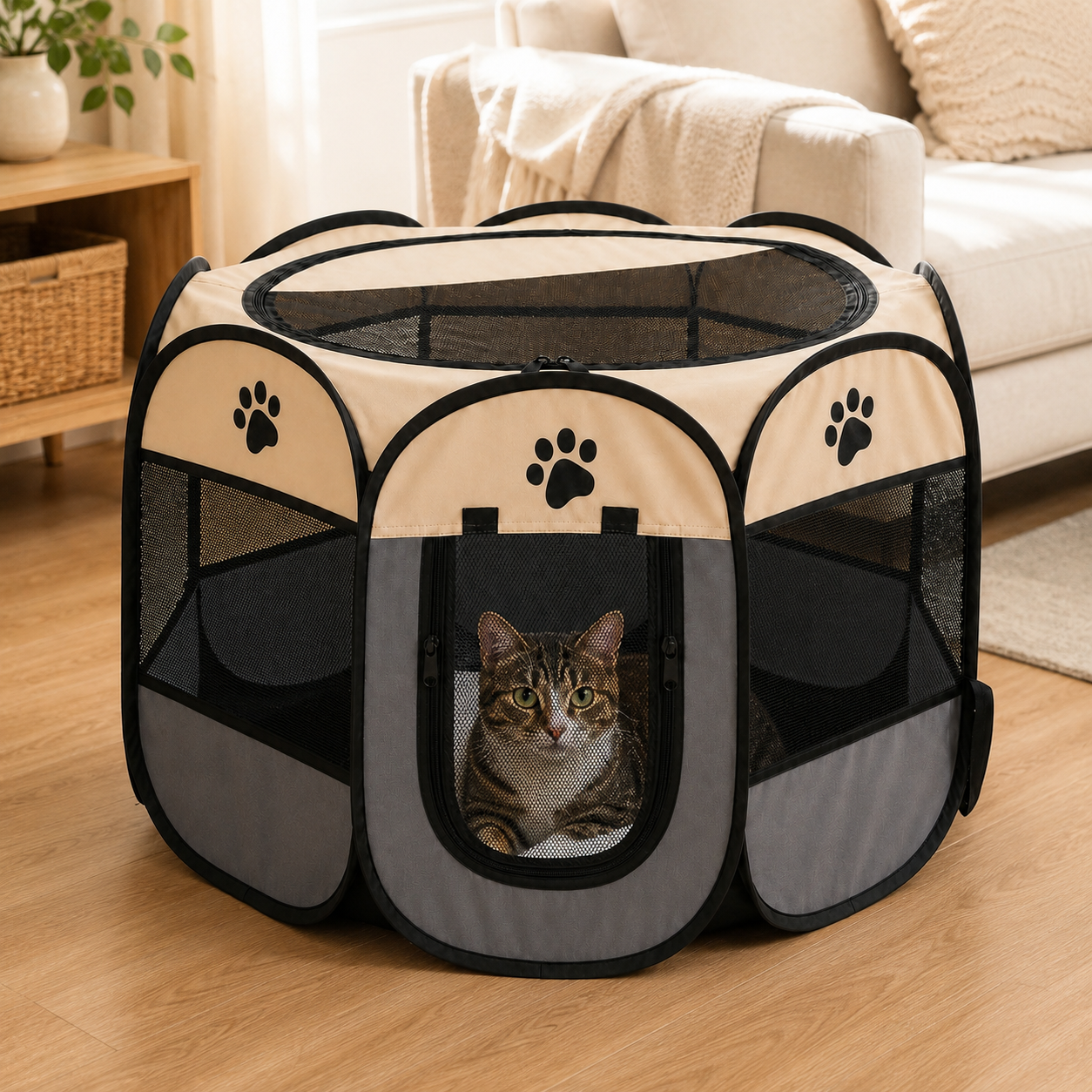 Foldable Octagonal Pet Playpen with Breathable Mesh Panels and Zippered Door for Dogs and Cats