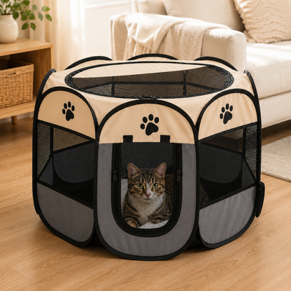 Foldable Octagonal Pet Playpen with Breathable Mesh Panels and Zippered Door for Dogs and Cats