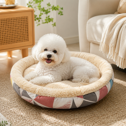 Round Plush Pet Bed with Soft Raised Edges for Dogs and Cats