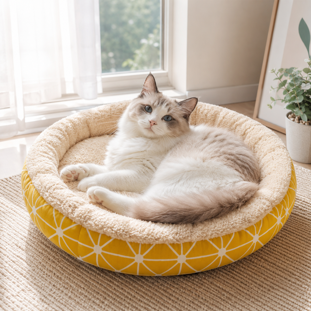 Round Plush Pet Bed with Soft Raised Edges for Dogs and Cats