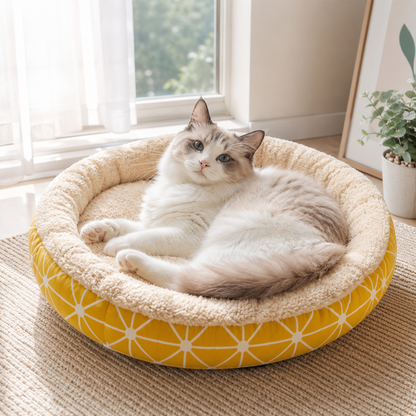 Round Plush Pet Bed with Soft Raised Edges for Dogs and Cats