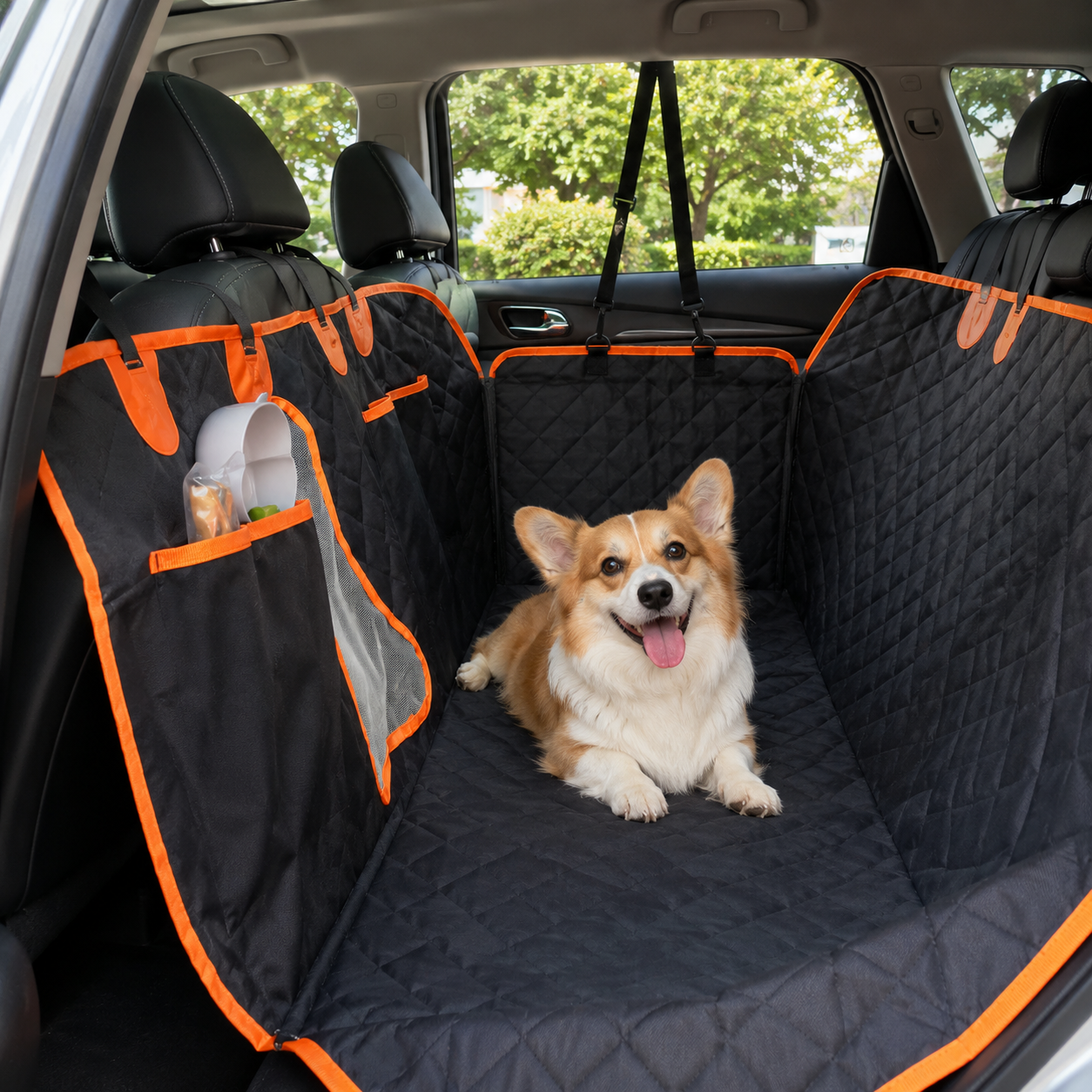 Foldable Water-Resistant Pet Car Seat Cover with Mesh Window and Storage Pockets