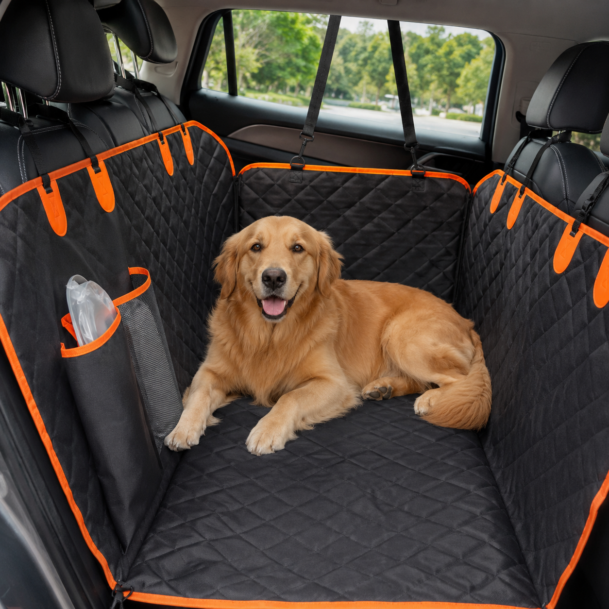 Foldable Water-Resistant Pet Car Seat Cover with Mesh Window and Storage Pockets
