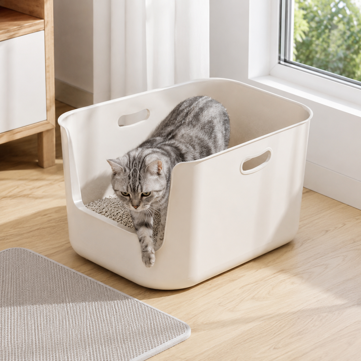 Extra Large Open-Top Cat Litter Box with High Sides, Low Entry and Scoop