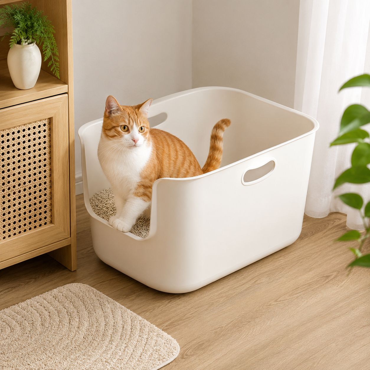 Extra Large Open-Top Cat Litter Box with High Sides, Low Entry and Scoop